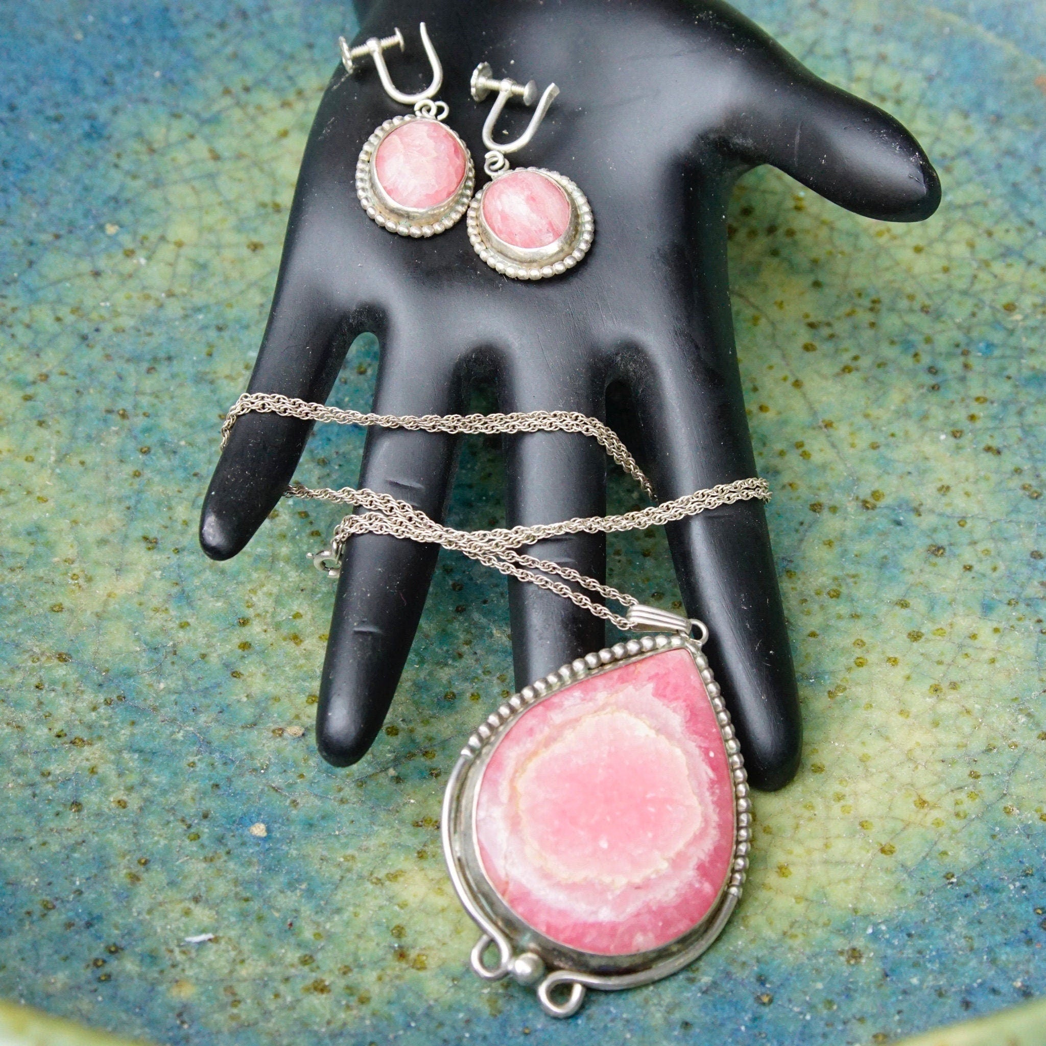 Vintage Sterling Silver & Pink Rhodochrosite Teardrop Pendant Necklace Earring Set, Dangle Clip On Earrings, Danish Modernist, Peter Ernst