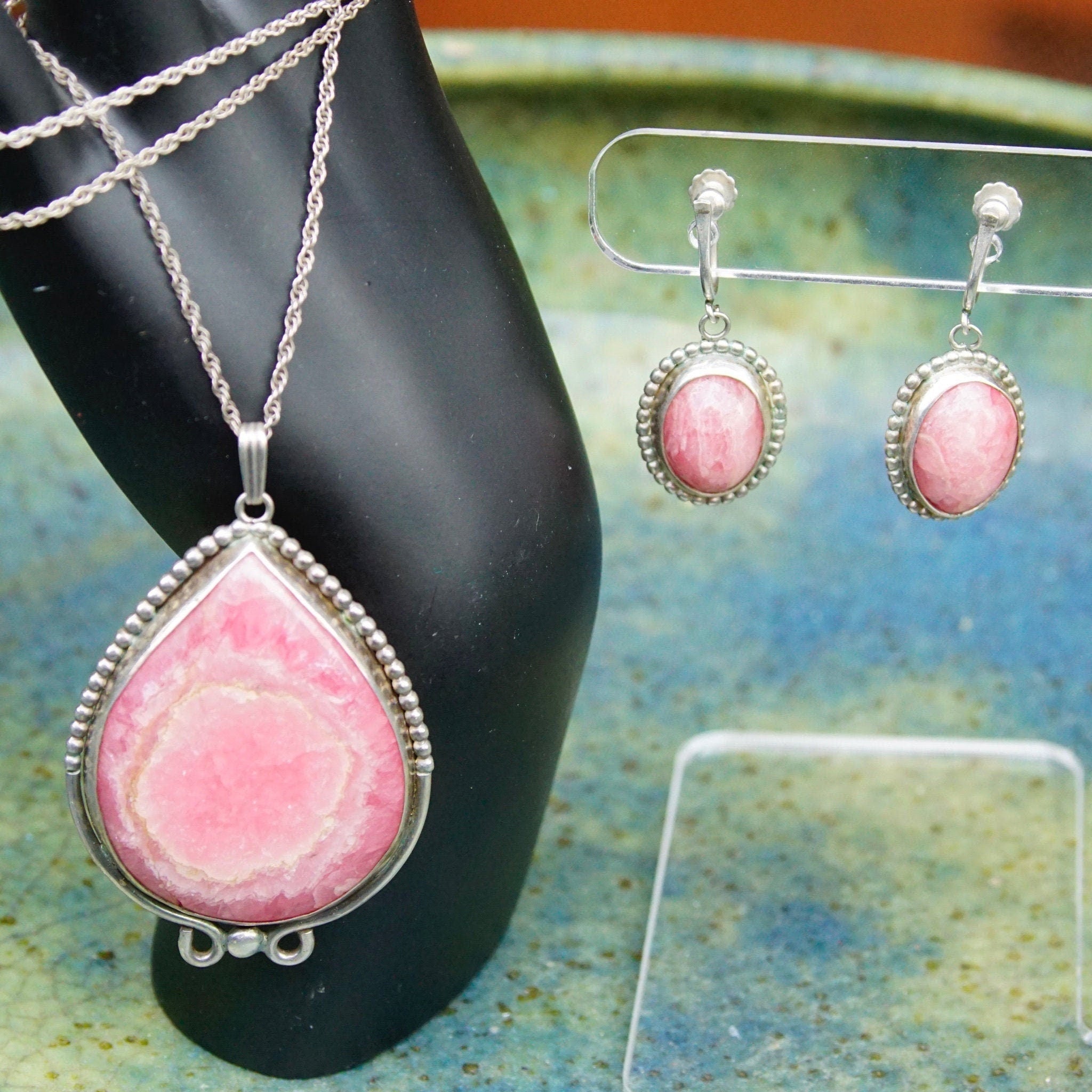 Vintage Sterling Silver & Pink Rhodochrosite Teardrop Pendant Necklace Earring Set, Dangle Clip On Earrings, Danish Modernist, Peter Ernst