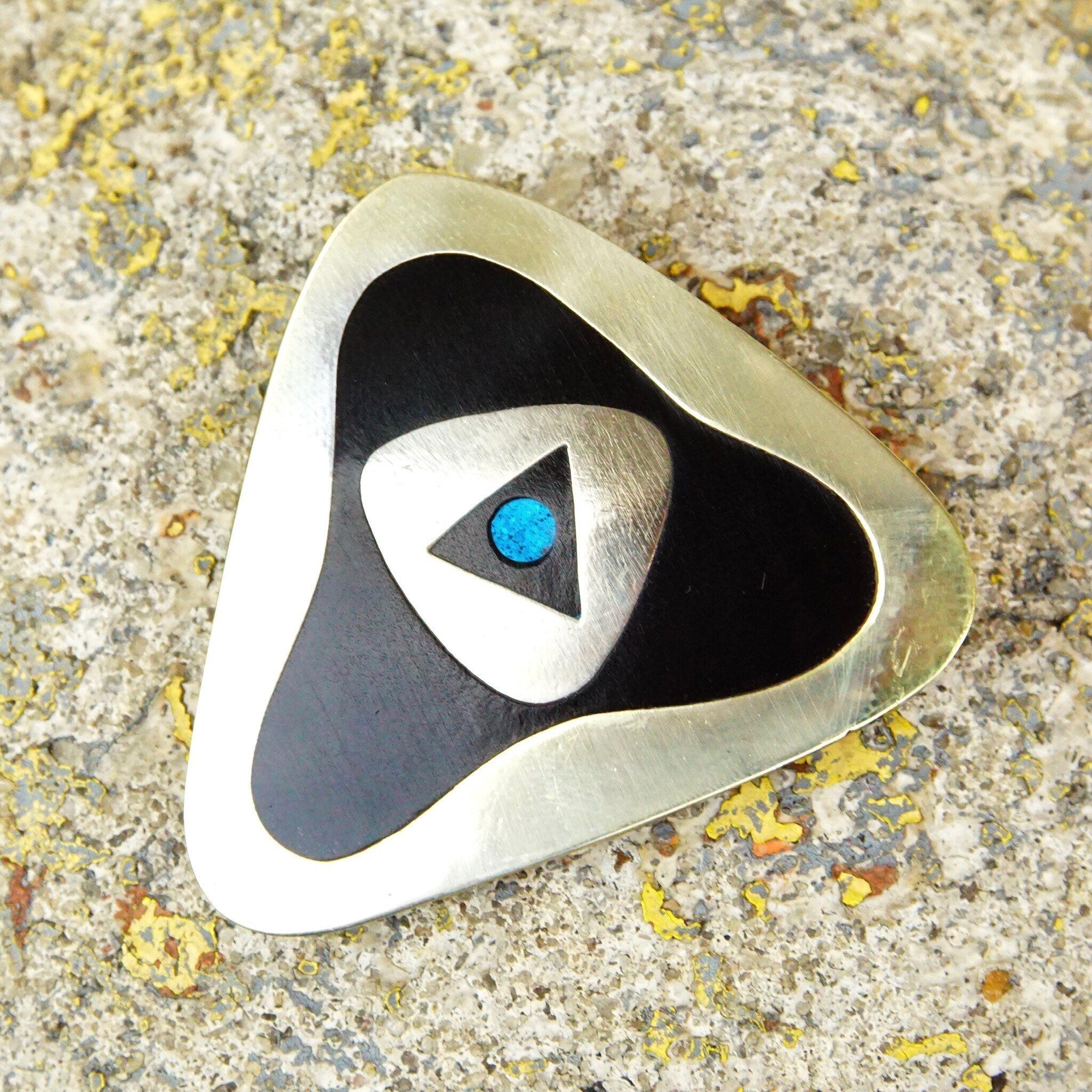 Vintage Sterling Silver Stone Inlay Brooch, Modernist, Gold Tone Silver, Black Onyx & Mosaic Turquoise, Hecho En Mexico, 2 1/8