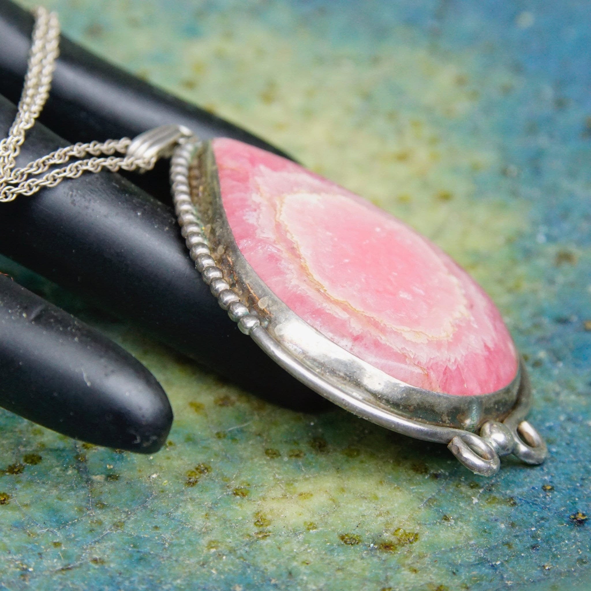 Vintage Sterling Silver & Pink Rhodochrosite Teardrop Pendant Necklace Earring Set, Dangle Clip On Earrings, Danish Modernist, Peter Ernst