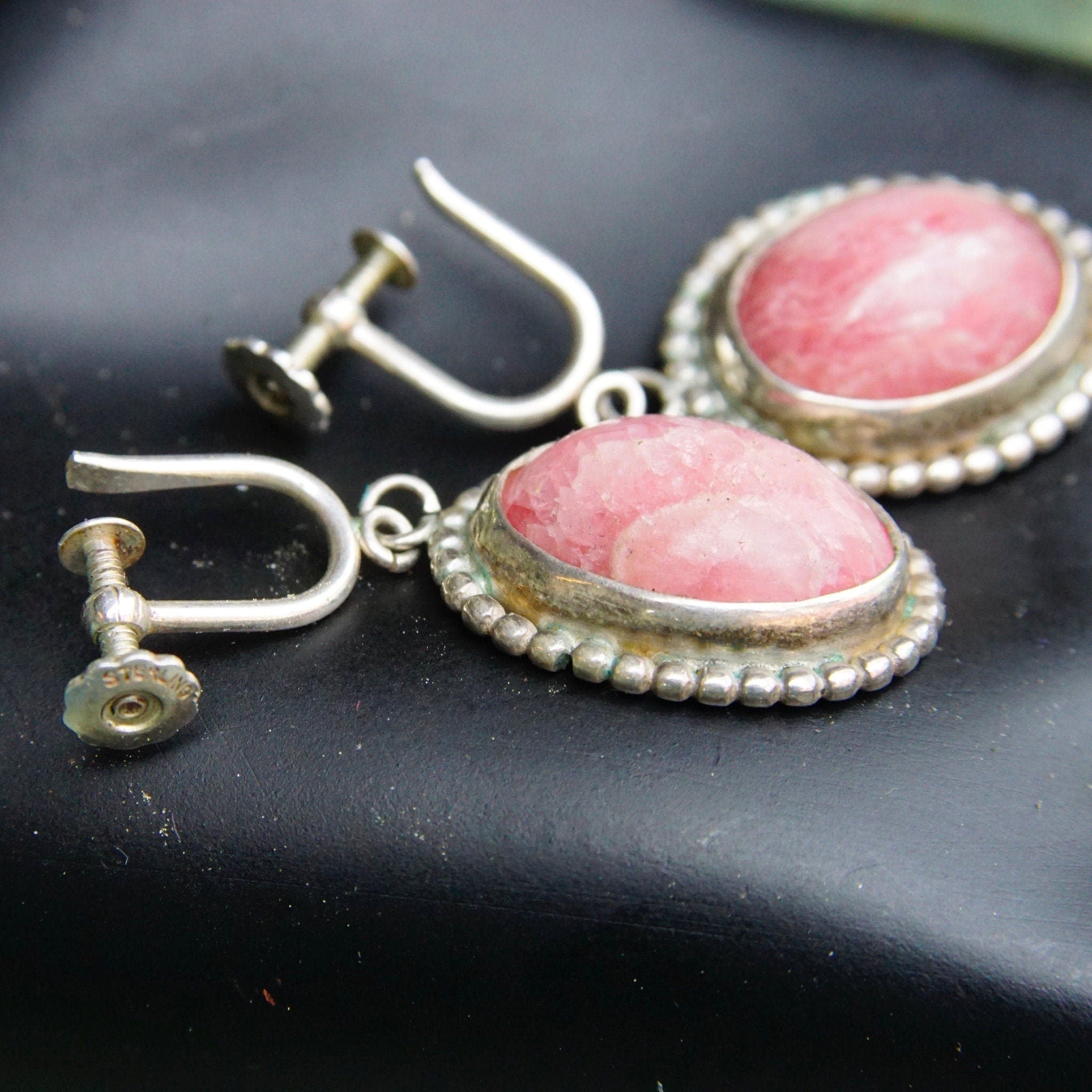 Vintage Sterling Silver & Pink Rhodochrosite Teardrop Pendant Necklace Earring Set, Dangle Clip On Earrings, Danish Modernist, Peter Ernst