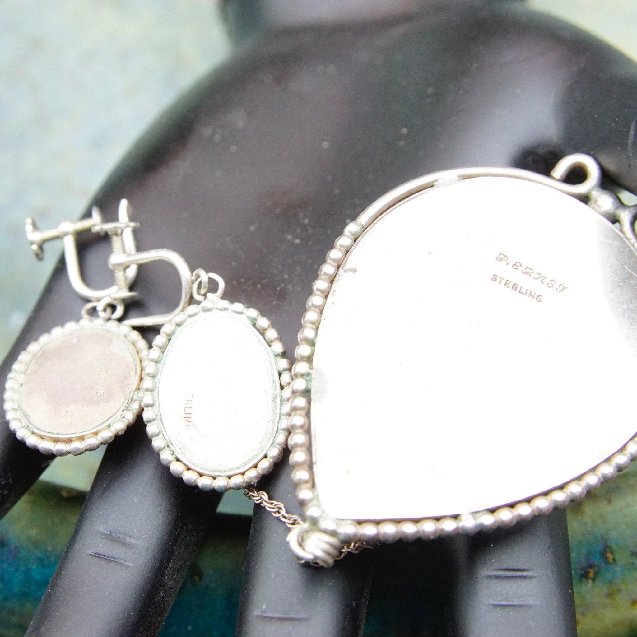 Vintage Sterling Silver & Pink Rhodochrosite Teardrop Pendant Necklace Earring Set, Dangle Clip On Earrings, Danish Modernist, Peter Ernst