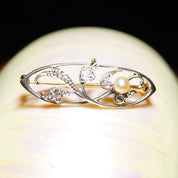 Vintage Two-Tone 14K Gold Diamond & Pearl Brooch, Diamond Encrusted White Gold Pin With Accent Pearl, .18 TCW, Yellow Gold Backing, 1 1/2" L