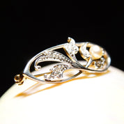 Vintage Two-Tone 14K Gold Diamond & Pearl Brooch, Diamond Encrusted White Gold Pin With Accent Pearl, .18 TCW, Yellow Gold Backing, 1 1/2" L