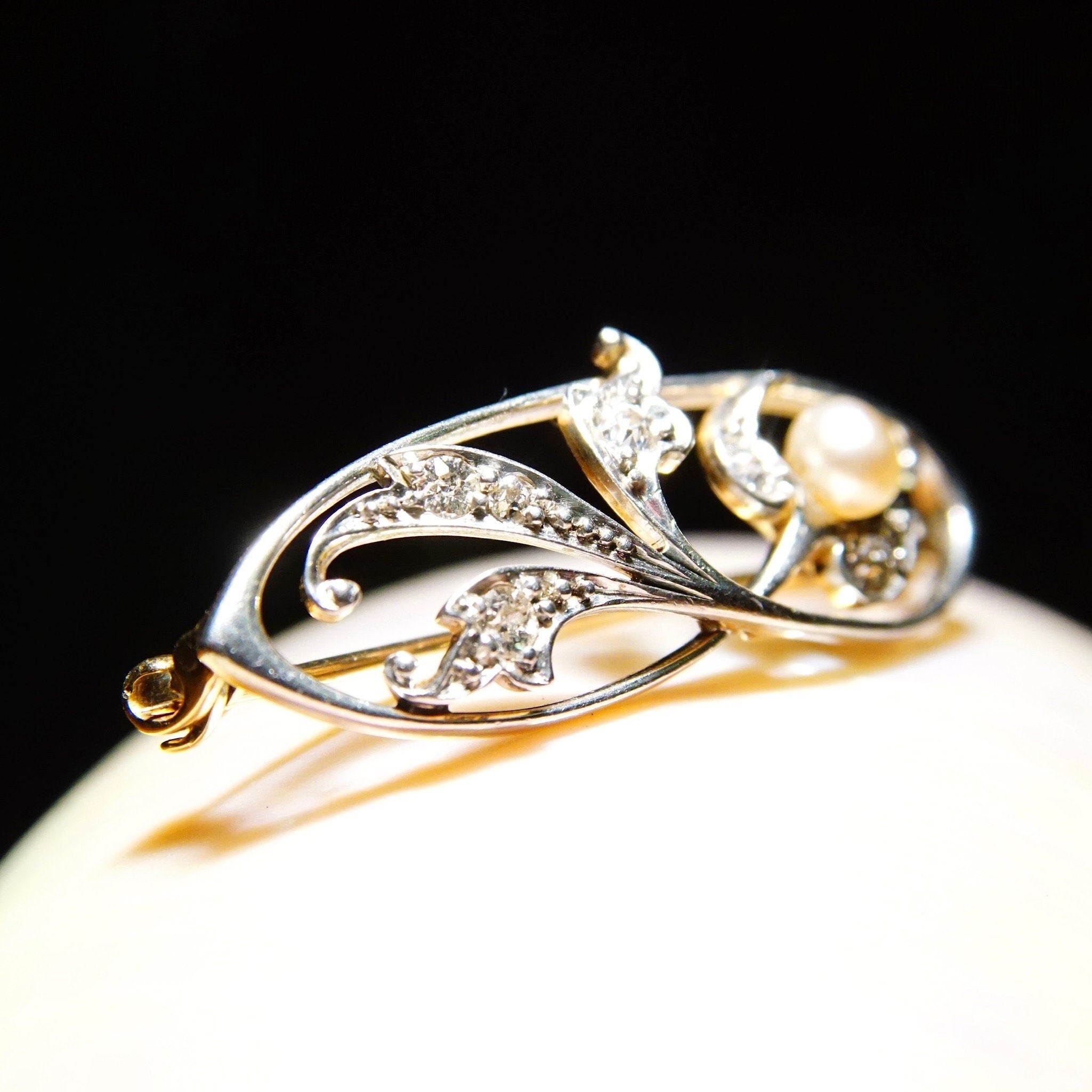 Vintage Two-Tone 14K Gold Diamond & Pearl Brooch, Diamond Encrusted White Gold Pin With Accent Pearl, .18 TCW, Yellow Gold Backing, 1 1/2" L