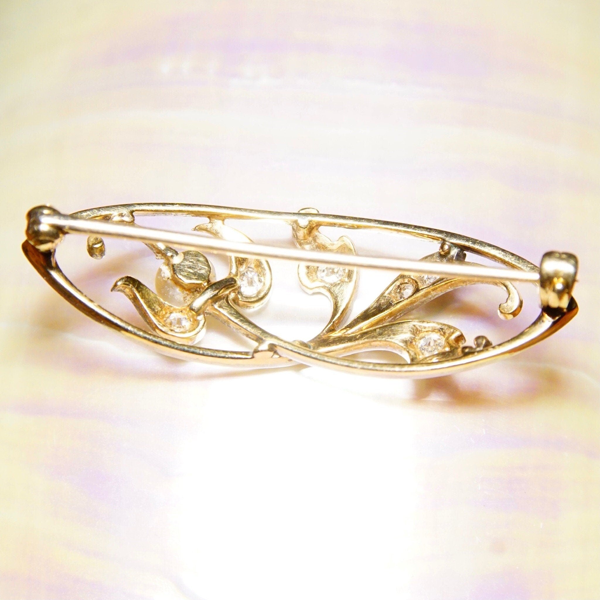 Vintage Two-Tone 14K Gold Diamond & Pearl Brooch, Diamond Encrusted White Gold Pin With Accent Pearl, .18 TCW, Yellow Gold Backing, 1 1/2" L