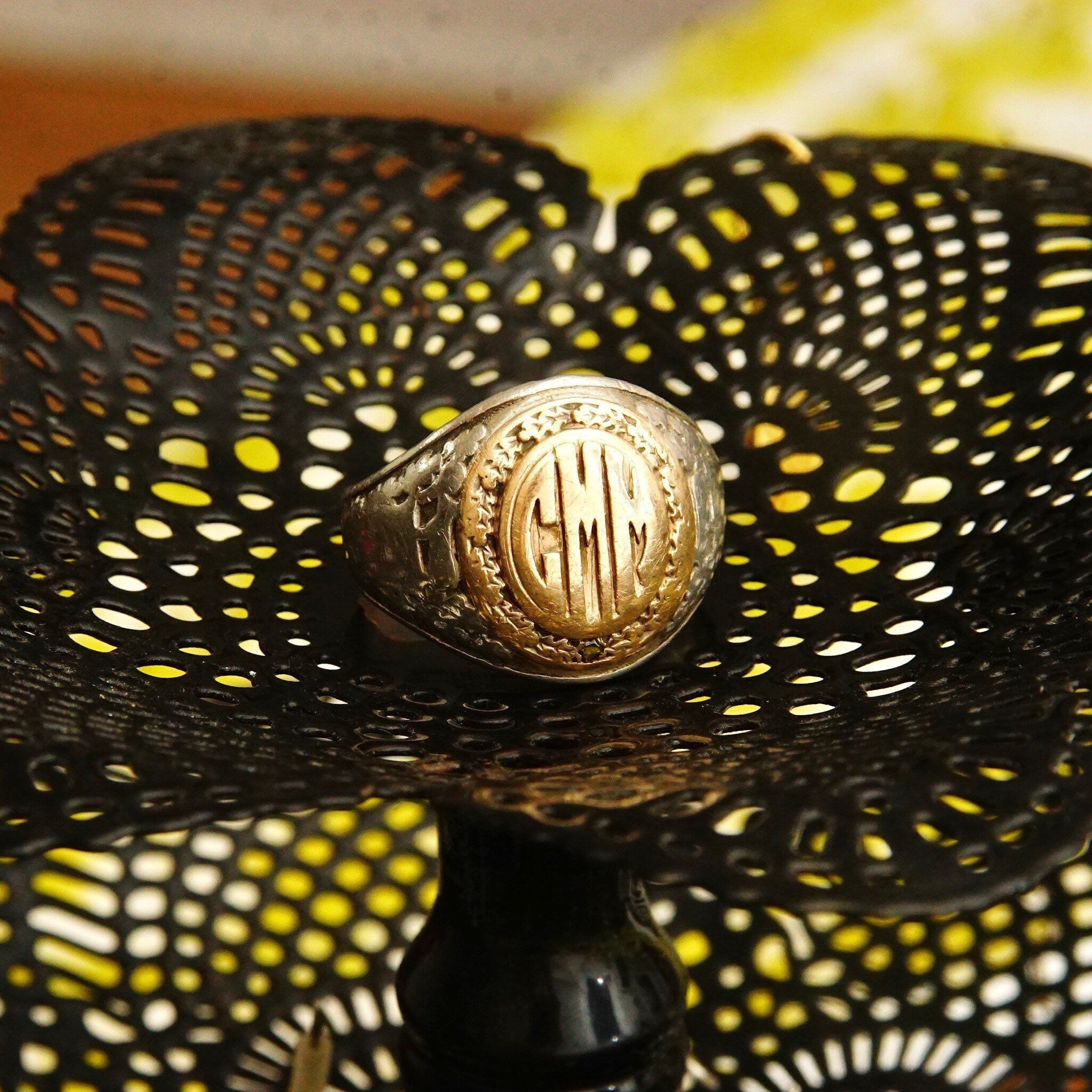 Vintage Sterling Silver Gold Plated Diamond Accent Monogram Signet Ring, Engraved Initials, Embellished Band, Worn Condition, Size 13 US