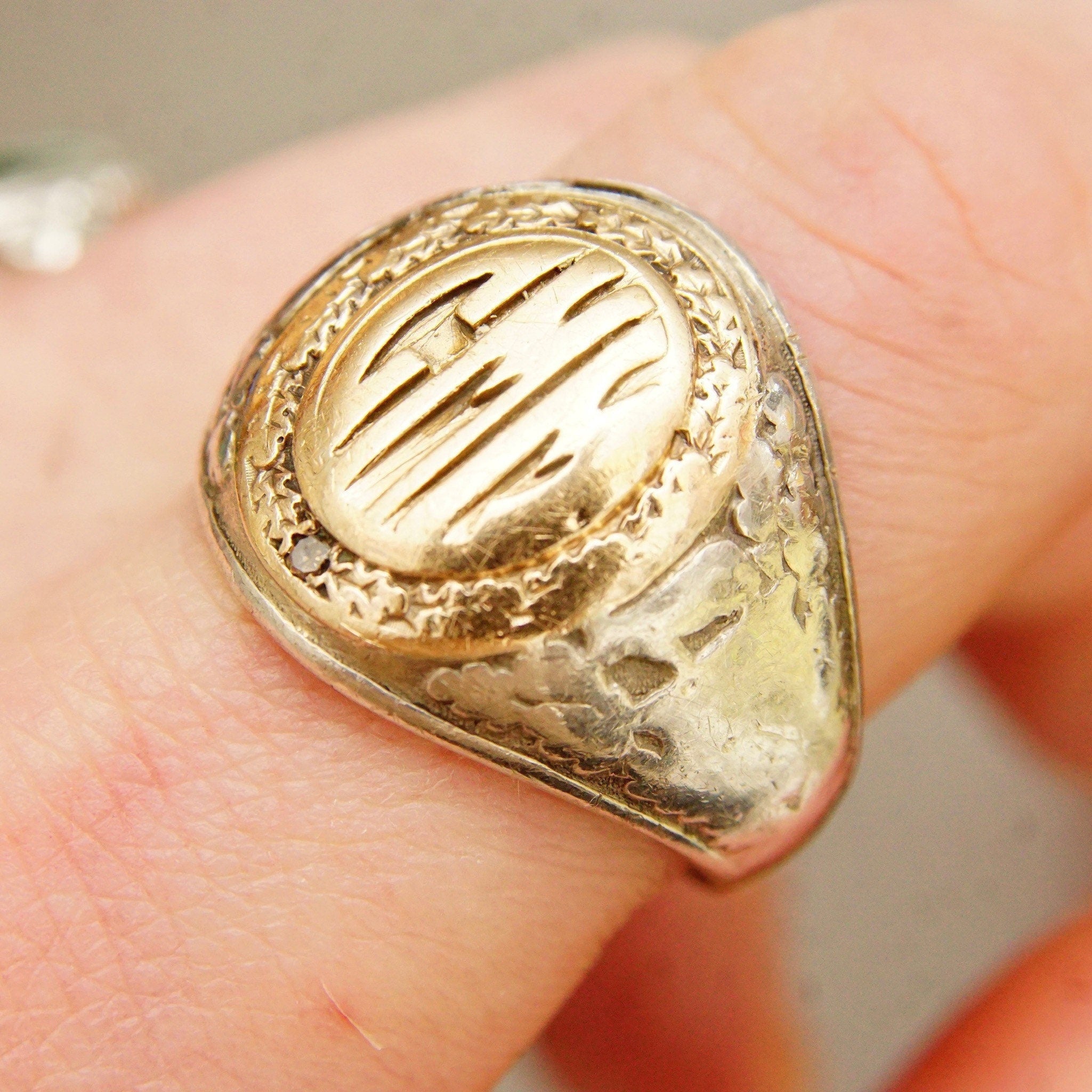 Vintage Sterling Silver Gold Plated Diamond Accent Monogram Signet Ring, Engraved Initials, Embellished Band, Worn Condition, Size 13 US