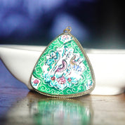 Vintage Hand Painted Bird Pendant, Reversible Two-Sided Red & Green Pedant, Triangular Pendant W/ Silver Frame, Scenic Painting, 1 1/2 L