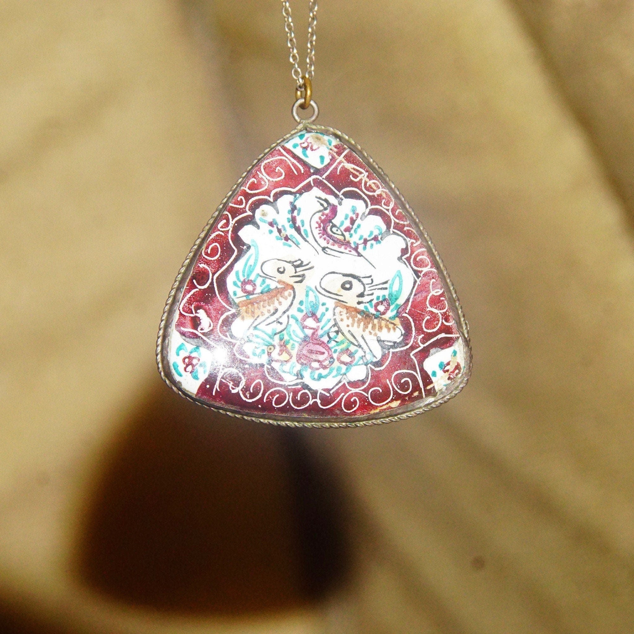 Vintage Hand Painted Bird Pendant, Reversible Two-Sided Red & Green Pedant, Triangular Pendant W/ Silver Frame, Scenic Painting, 1 1/2 L