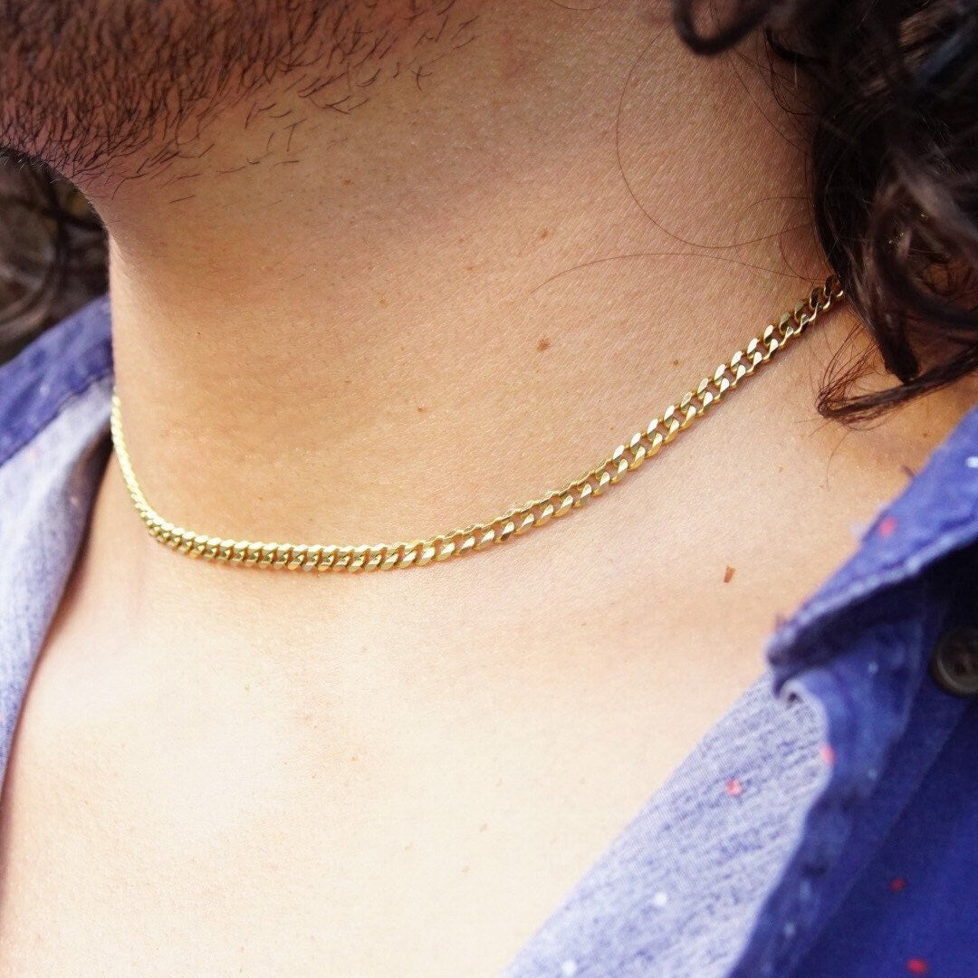 Vintage Italian 14K Gold Curb Chain Necklace, 4mm Yellow Gold Chain, Flat Cuban Link Chain Necklace, Unisex Gold Chain, 18" Long
