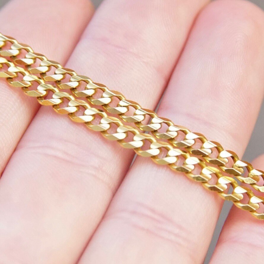 Vintage Italian 14K Gold Curb Chain Necklace, 4mm Yellow Gold Chain, Flat Cuban Link Chain Necklace, Unisex Gold Chain, 18" Long