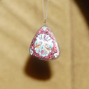Vintage Hand Painted Bird Pendant, Reversible Two-Sided Red & Green Pedant, Triangular Pendant W/ Silver Frame, Scenic Painting, 1 1/2 L