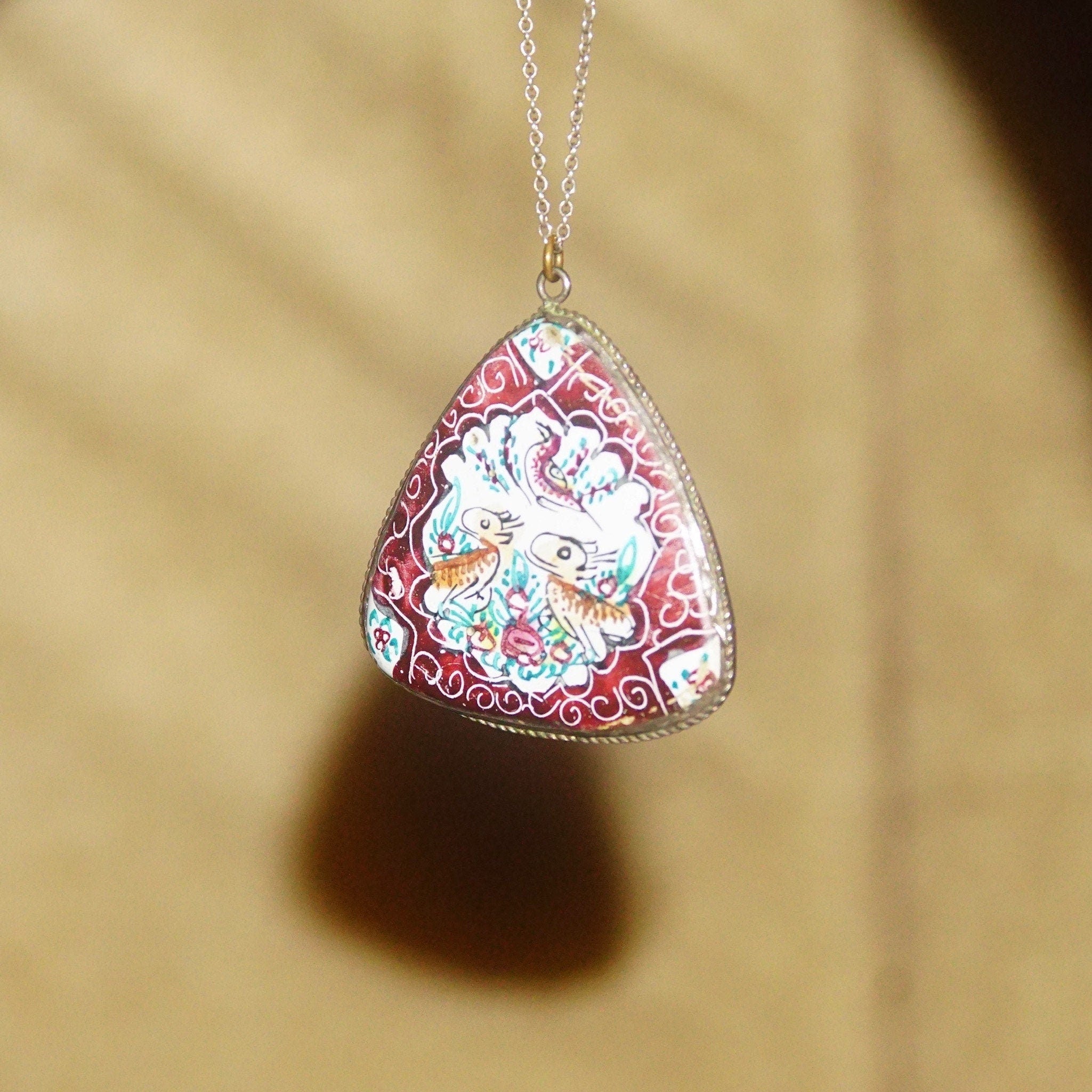 Vintage Hand Painted Bird Pendant, Reversible Two-Sided Red & Green Pedant, Triangular Pendant W/ Silver Frame, Scenic Painting, 1 1/2 L