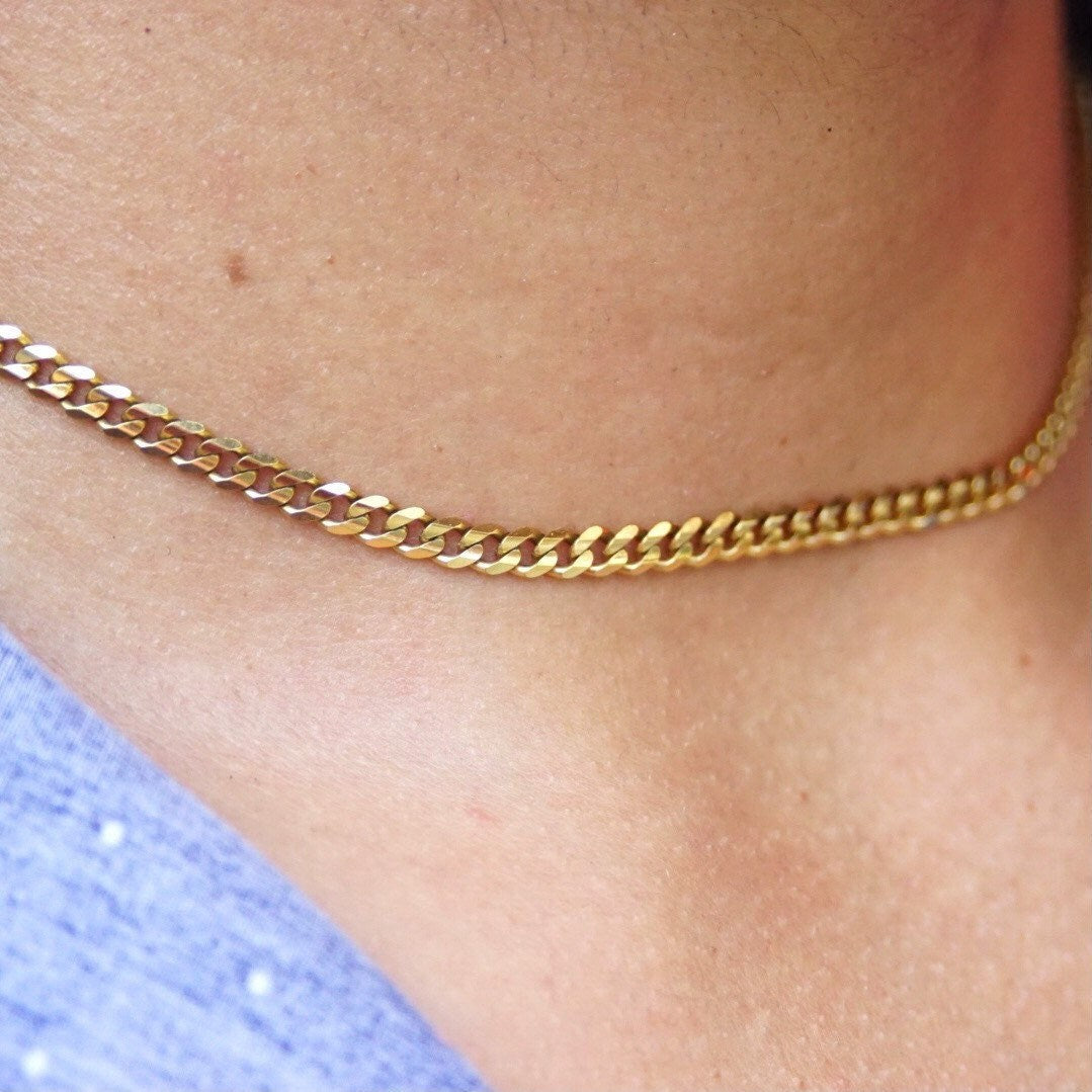 Vintage Italian 14K Gold Curb Chain Necklace, 4mm Yellow Gold Chain, Flat Cuban Link Chain Necklace, Unisex Gold Chain, 18" Long