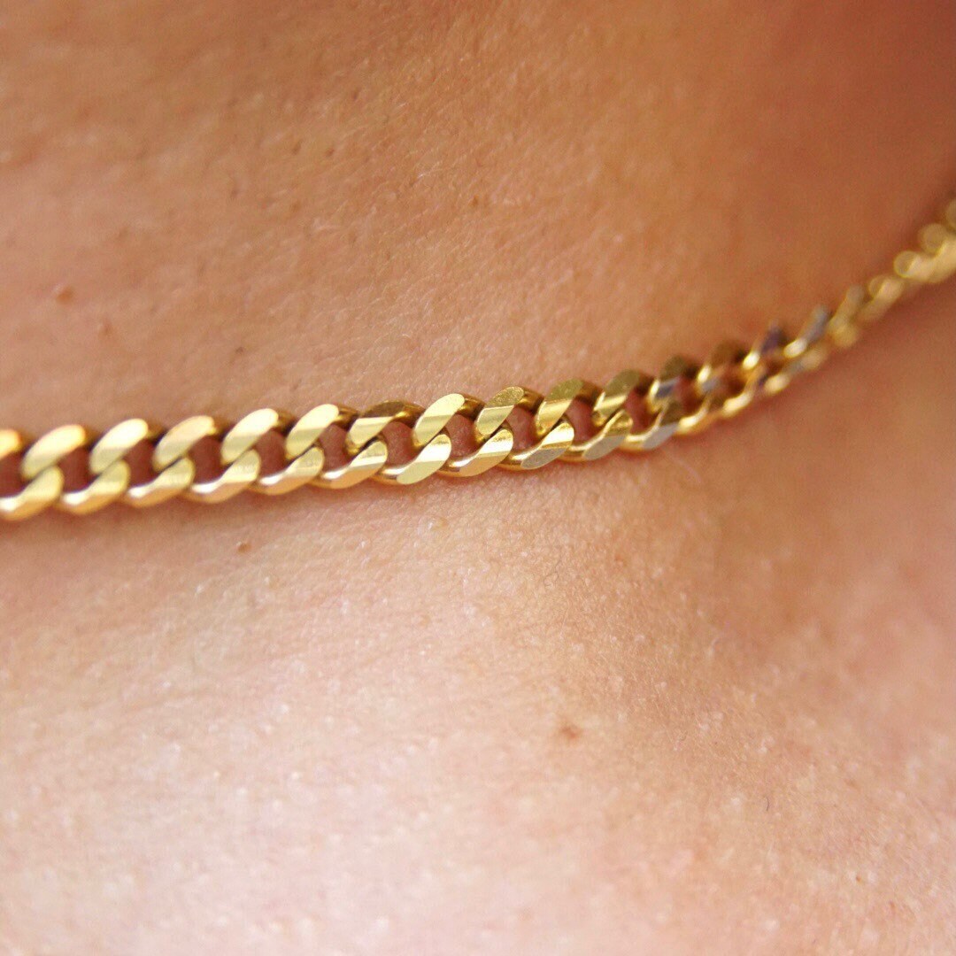 Vintage Italian 14K Gold Curb Chain Necklace, 4mm Yellow Gold Chain, Flat Cuban Link Chain Necklace, Unisex Gold Chain, 18" Long