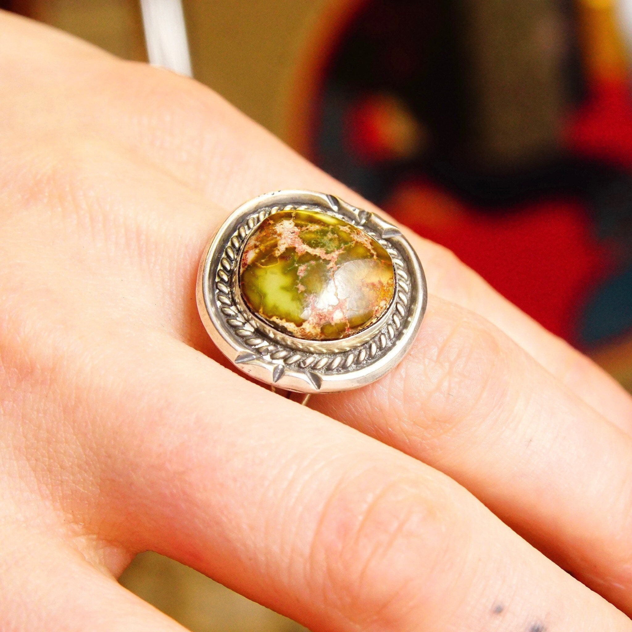 Vintage Sterling Silver Unakite Jasper Cabochon Ring, Hammered Silver Setting, Green & Pink Gemstone, Native American Style, Size 8 US