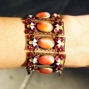 Victorian Czech Enamel Filigree Pink Satin Glass Panel Bracelet, 1/20 12KT GF, Dazzling Gold Filled Wide Panel Cuff, 6 1/2" L x 1 1/2" W