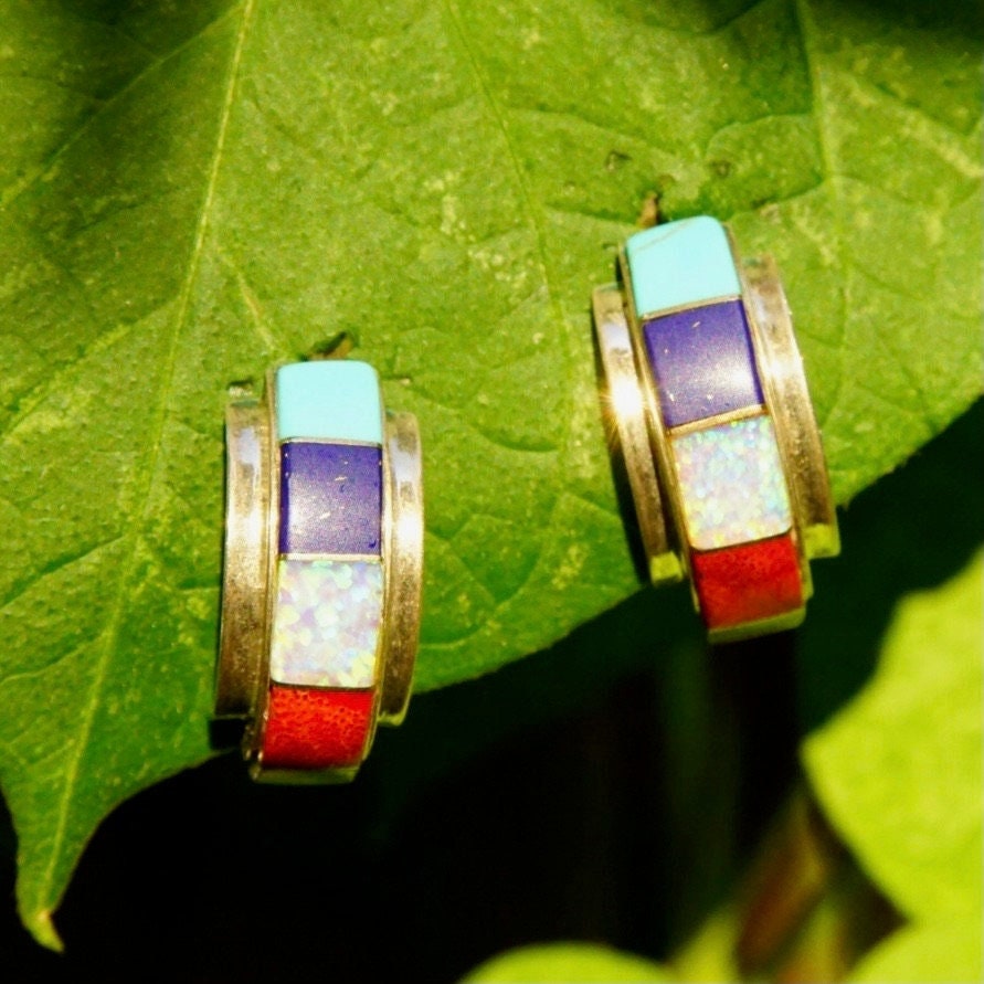 Vintage Sterling Silver Multi-Stone Inlay Stud Earrings, Colorful Curved/Arc Half Moon Earrings, Opal, Turquoise, Lapis Lazuli, 7/8" L