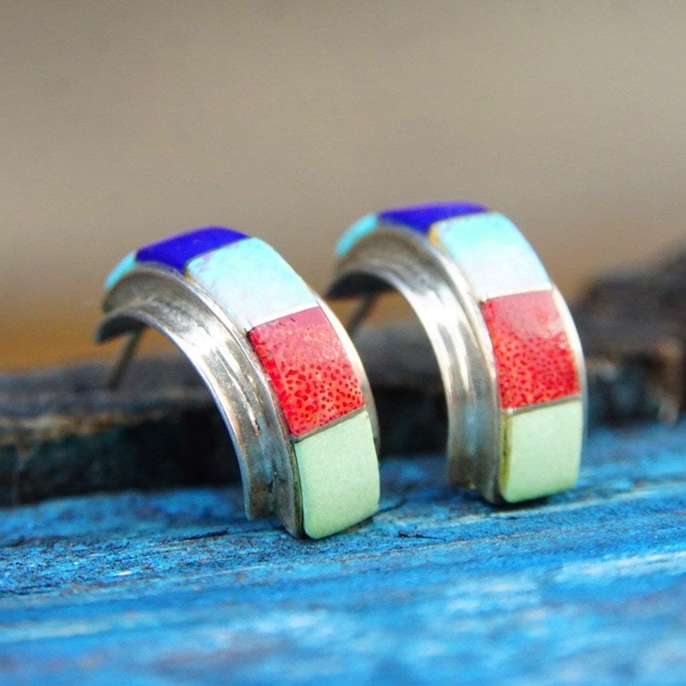 Vintage Sterling Silver Multi-Stone Inlay Stud Earrings, Colorful Curved/Arc Half Moon Earrings, Opal, Turquoise, Lapis Lazuli, 7/8" L