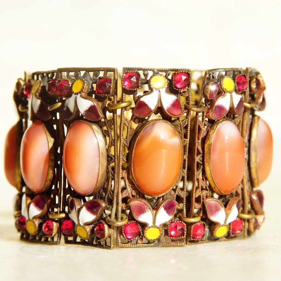 Victorian Czech Enamel Filigree Pink Satin Glass Panel Bracelet, 1/20 12KT GF, Dazzling Gold Filled Wide Panel Cuff, 6 1/2" L x 1 1/2" W