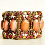 Victorian Czech Enamel Filigree Pink Satin Glass Panel Bracelet, 1/20 12KT GF, Dazzling Gold Filled Wide Panel Cuff, 6 1/2" L x 1 1/2" W