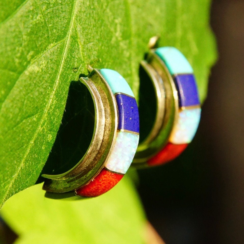 Vintage Sterling Silver Multi-Stone Inlay Stud Earrings, Colorful Curved/Arc Half Moon Earrings, Opal, Turquoise, Lapis Lazuli, 7/8" L