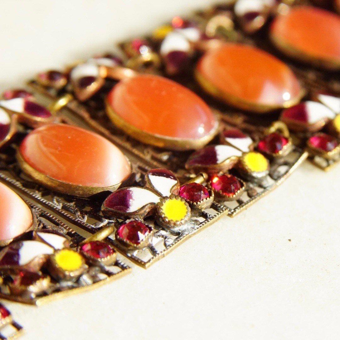 Victorian Czech Enamel Filigree Pink Satin Glass Panel Bracelet, 1/20 12KT GF, Dazzling Gold Filled Wide Panel Cuff, 6 1/2" L x 1 1/2" W