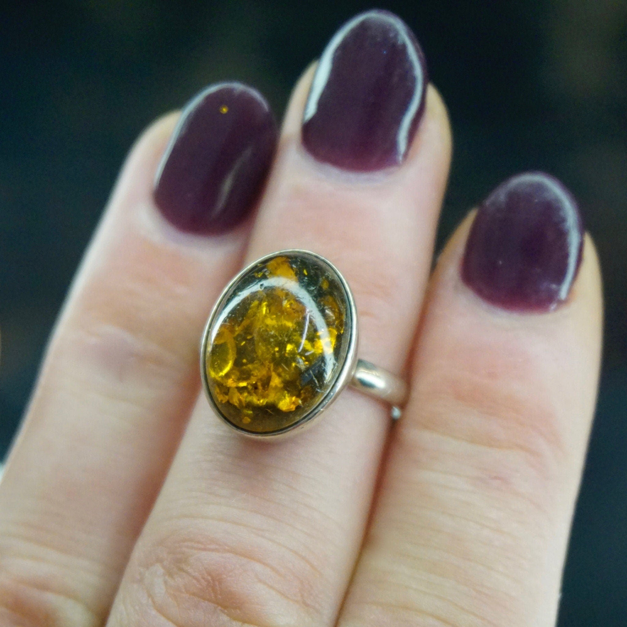 Vintage Sterling Silver Amber Ring, Beautiful Oval Amber Ring, Natural Amber With Inclusions, Minimalist Silver Amber Ring, 925 Jewelry