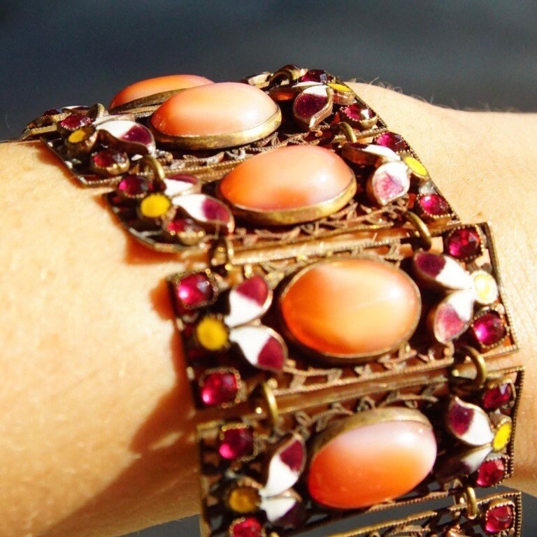 Victorian Czech Enamel Filigree Pink Satin Glass Panel Bracelet, 1/20 12KT GF, Dazzling Gold Filled Wide Panel Cuff, 6 1/2" L x 1 1/2" W