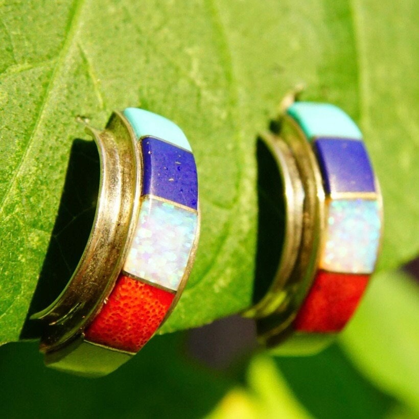 Vintage Sterling Silver Multi-Stone Inlay Stud Earrings, Colorful Curved/Arc Half Moon Earrings, Opal, Turquoise, Lapis Lazuli, 7/8" L