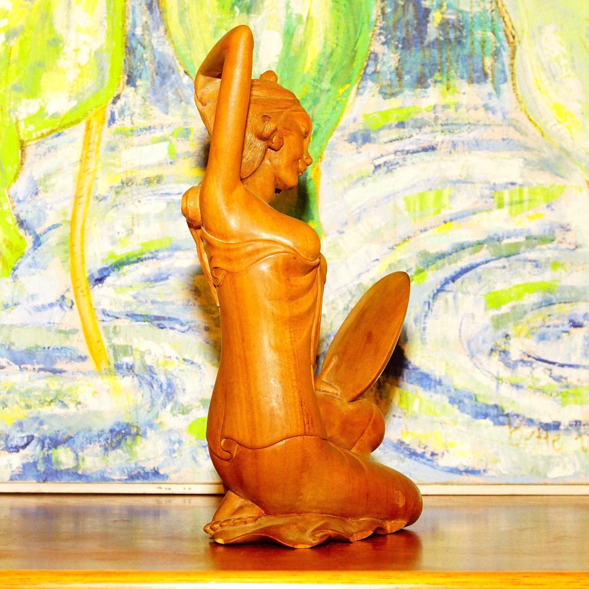 Vintage Tantra Gallery Hand Carved Wood Carved Balinese Goddess Statue, Erotic Wood Table Top Figural Sculpture, Handmade In Bali, 10 Tall
