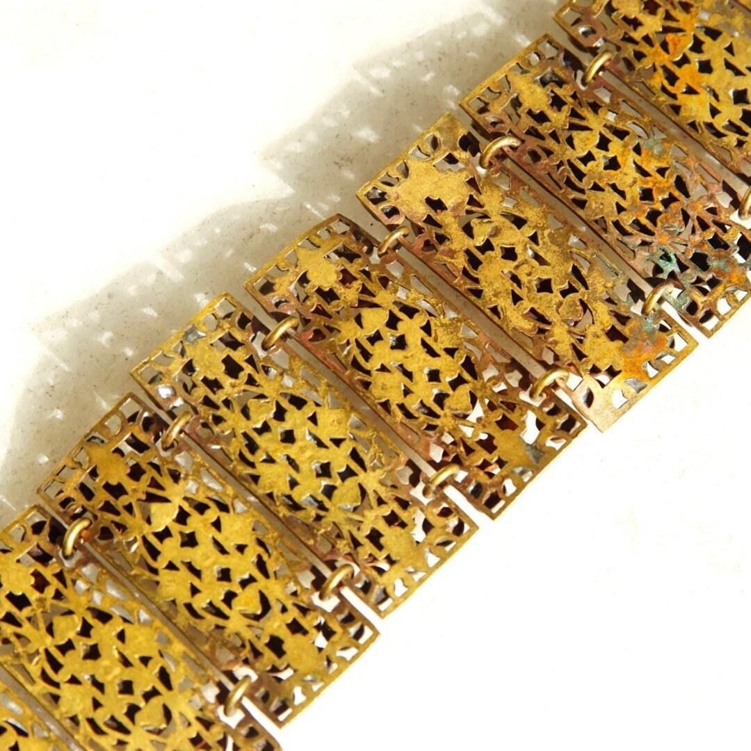 Victorian Czech Enamel Filigree Pink Satin Glass Panel Bracelet, 1/20 12KT GF, Dazzling Gold Filled Wide Panel Cuff, 6 1/2" L x 1 1/2" W