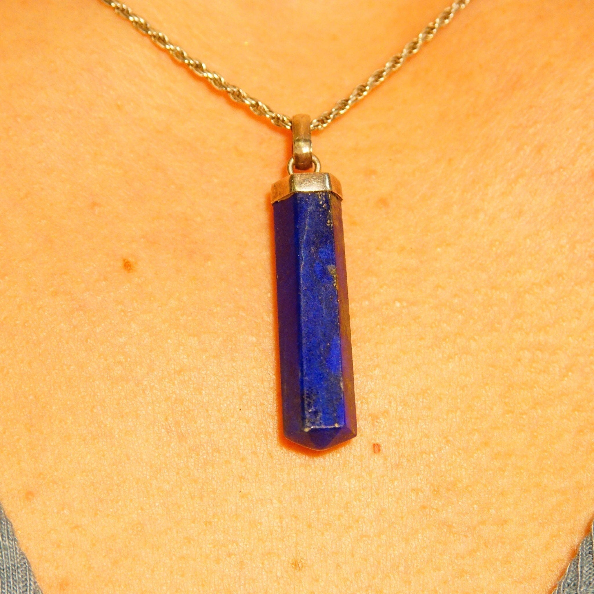 Vintage Sterling Silver Lapis Lazuli Spike Pendant, Lapis Pencil Pendant, Hexagonal Gemstone Prism, Bohemian, Crystal Lover, 1 7/8" L