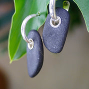 Vintage Sterling Silver Hoop Earrings With Rock Charm, Small Silver Stud Hoops With Threaded Black Stone, Artisan Statement Earrings, 925