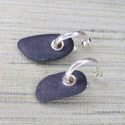 Vintage Sterling Silver Hoop Earrings With Rock Charm, Small Silver Stud Hoops With Threaded Black Stone, Artisan Statement Earrings, 925