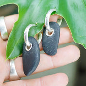 Vintage Sterling Silver Hoop Earrings With Rock Charm, Small Silver Stud Hoops With Threaded Black Stone, Artisan Statement Earrings, 925