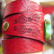 Vintage Tandy Red Leather & Turquoise Wrap Around Bracelet, Boho Style, Engraved Leather Cuff, Raw Turquoise Stone, Button Clasp, 8"
