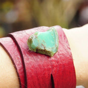 Vintage Tandy Red Leather & Turquoise Wrap Around Bracelet, Boho Style, Engraved Leather Cuff, Raw Turquoise Stone, Button Clasp, 8"