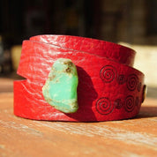 Vintage Tandy Red Leather & Turquoise Wrap Around Bracelet, Boho Style, Engraved Leather Cuff, Raw Turquoise Stone, Button Clasp, 8"