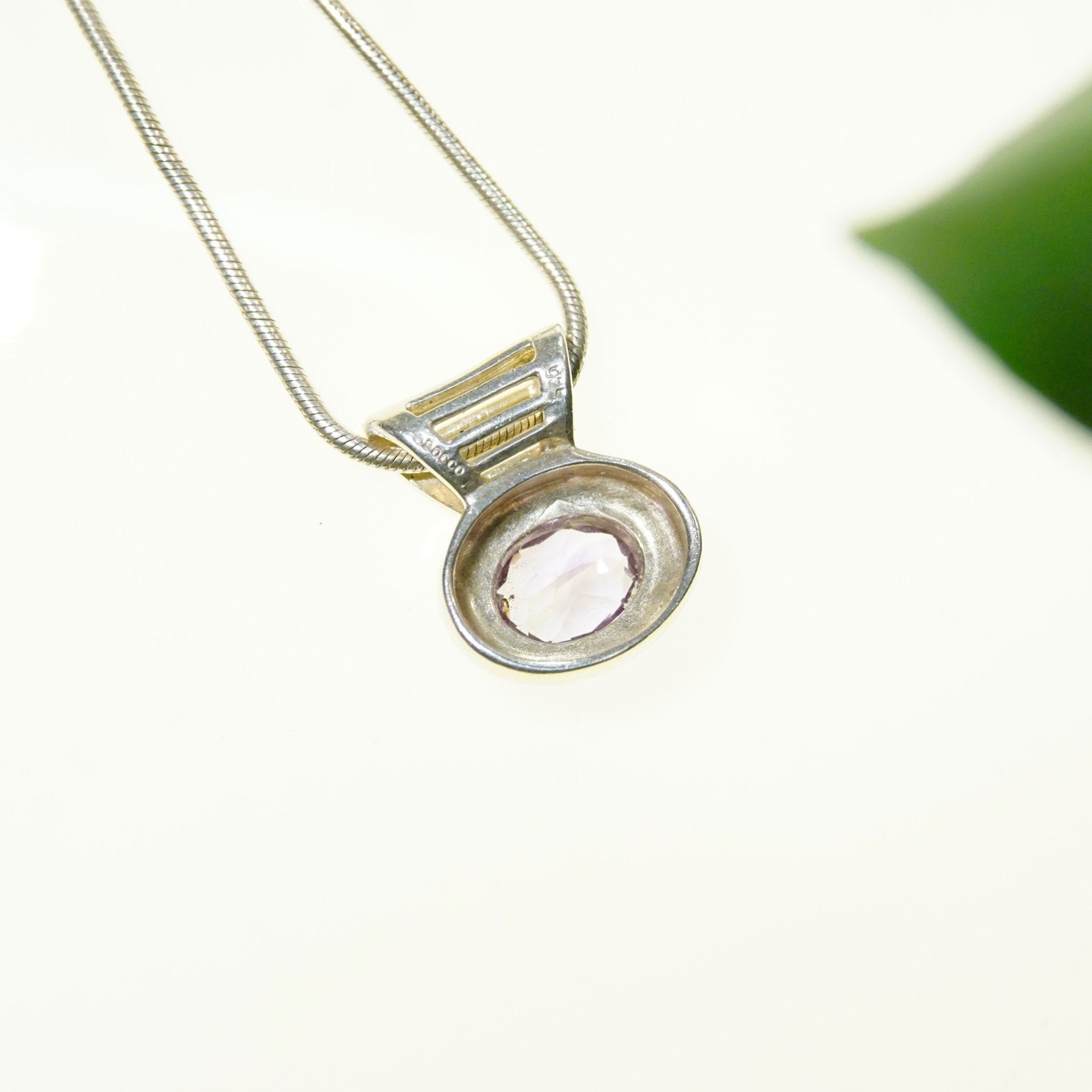 Vintage Sterling Silver Amethyst Pendant Necklace, Fine Snake Chain With Oval Cut Purple Stone Pendant, Synthetic Amethyst, Bocco Jewelry