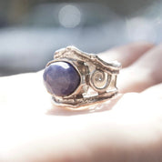 Vintage Sterling Silver Faceted Sodalite Ring, Hammered Silver Cut Out Ring With Swirl Design, Signed Israel 925, Size 7 1/4 US