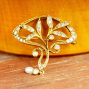 Antique 14K Gold Diamond & Pearl Pendant/Brooch, Brilliant Diamond Encrusted Pin, Ornate Floral Motifs, Pearl Seed Tassel,1 5/8" L