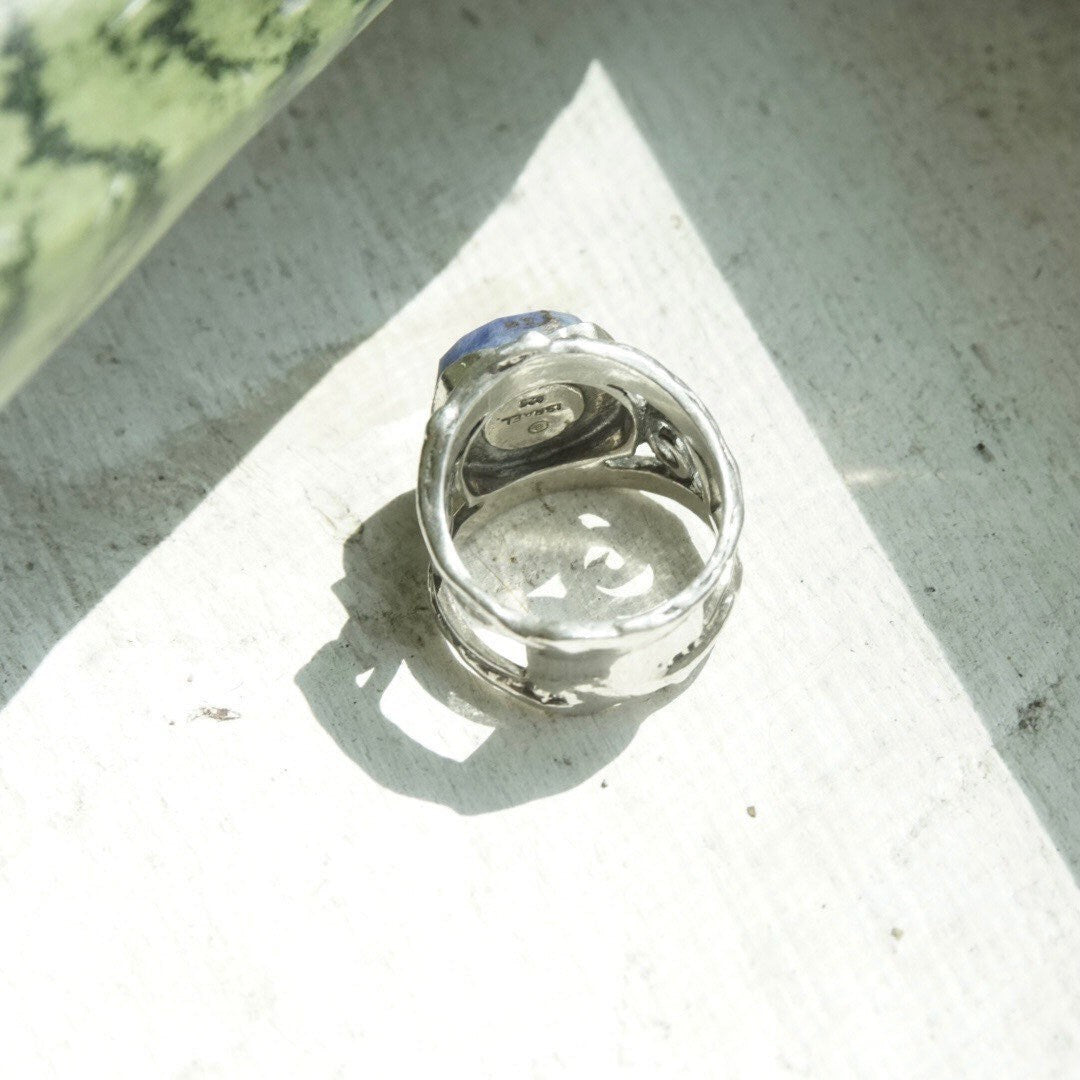 Vintage Sterling Silver Faceted Sodalite Ring, Hammered Silver Cut Out Ring With Swirl Design, Signed Israel 925, Size 7 1/4 US