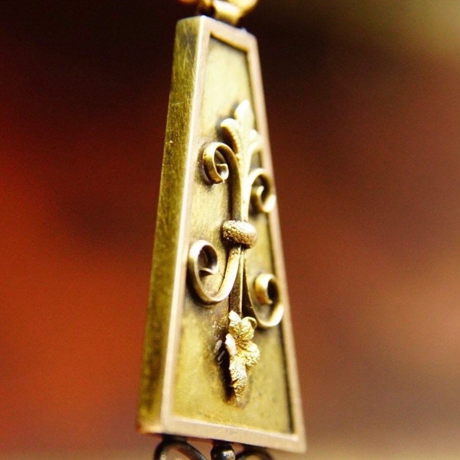 Antique 14K Gold Pendant, Ornate Rectangular Teardrop Pendant, Gold Wore Design, Fleur De Lis, Victorian Necklace Pendant, 1 3/4 Long