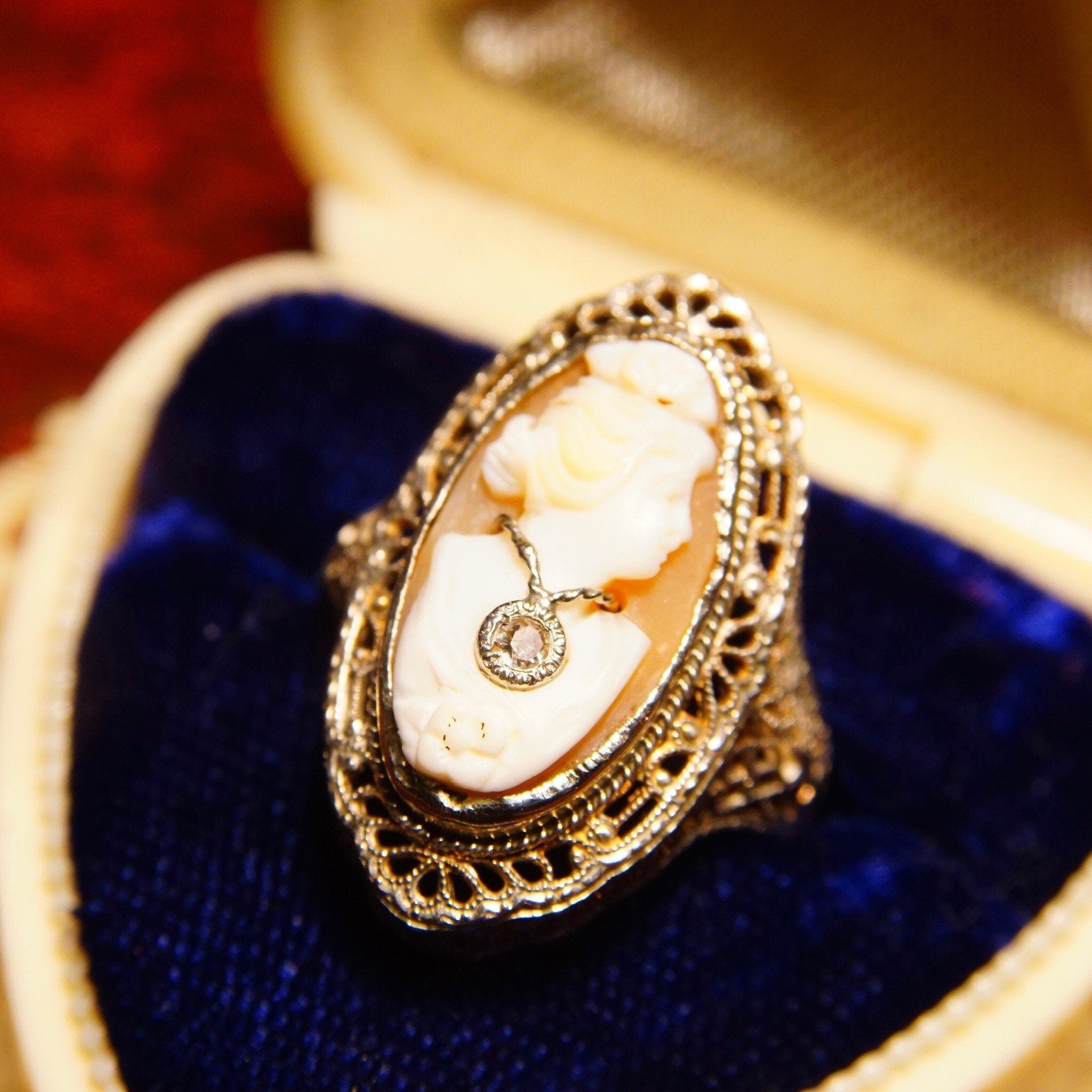 Antique 14K white gold filigree ring with carved shell cameo of a woman's bust wearing a diamond necklace, diamond accent, size 6 1/4 US, by ESEMCO