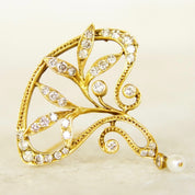 Antique 14K Gold Diamond & Pearl Pendant/Brooch, Brilliant Diamond Encrusted Pin, Ornate Floral Motifs, Pearl Seed Tassel,1 5/8" L