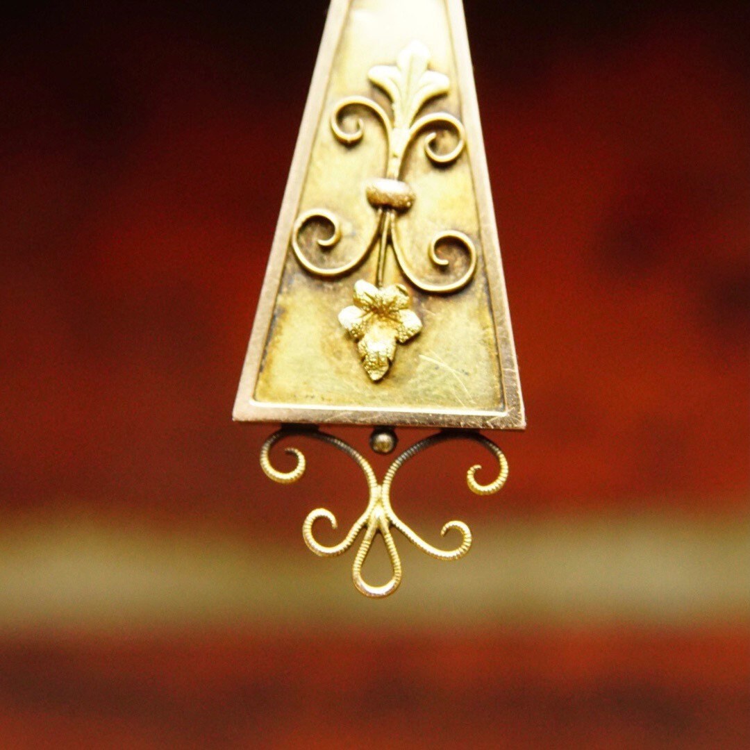 Antique 14K Gold Pendant, Ornate Rectangular Teardrop Pendant, Gold Wore Design, Fleur De Lis, Victorian Necklace Pendant, 1 3/4 Long