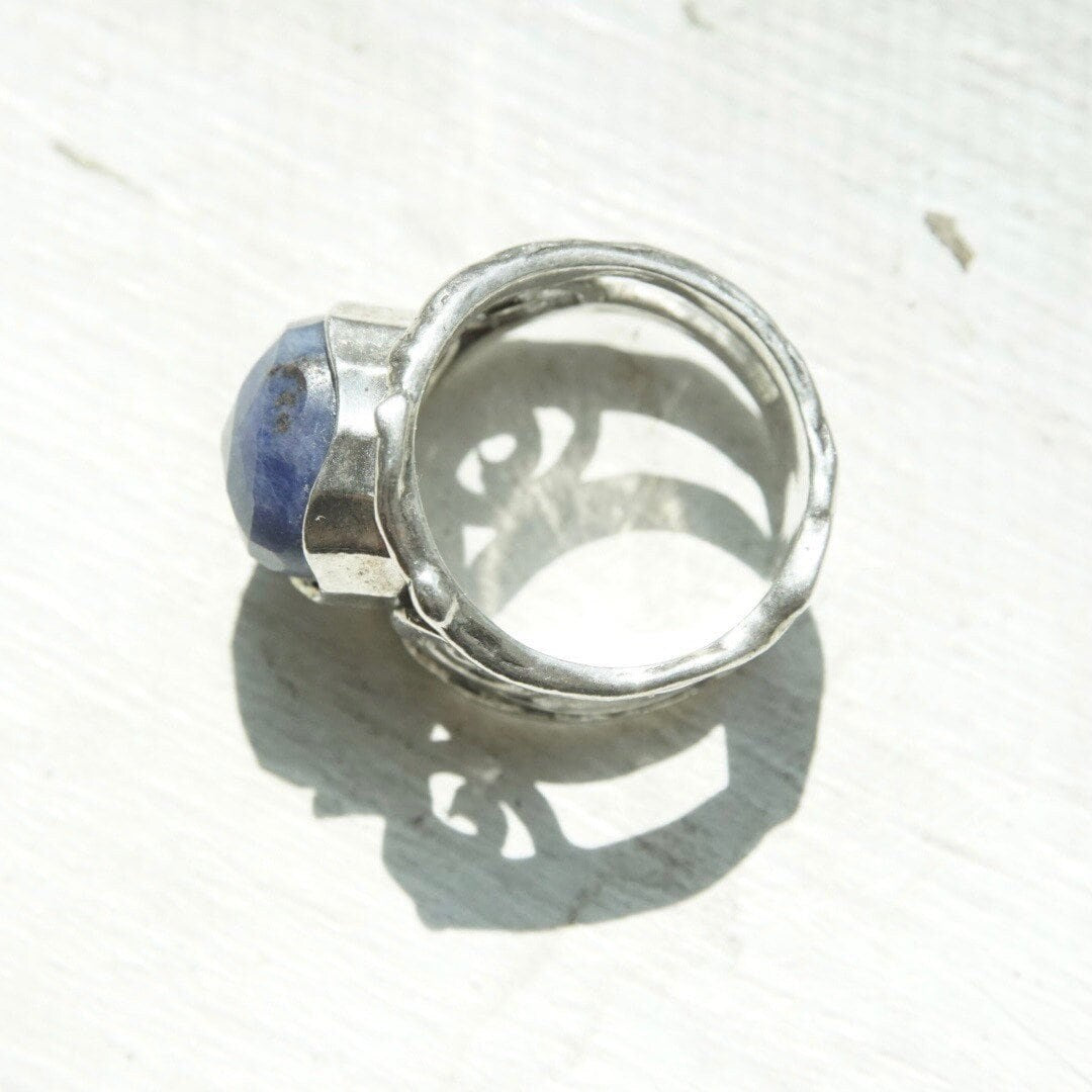 Vintage Sterling Silver Faceted Sodalite Ring, Hammered Silver Cut Out Ring With Swirl Design, Signed Israel 925, Size 7 1/4 US