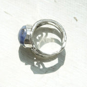 Vintage Sterling Silver Faceted Sodalite Ring, Hammered Silver Cut Out Ring With Swirl Design, Signed Israel 925, Size 7 1/4 US